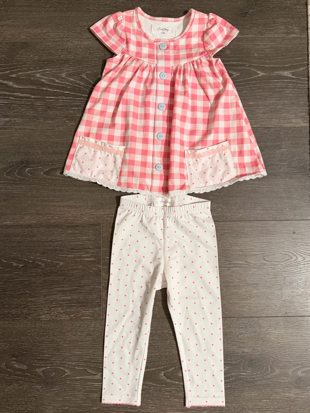 SweetHoney Pink and White Gingham Button-Front Top with Leggings